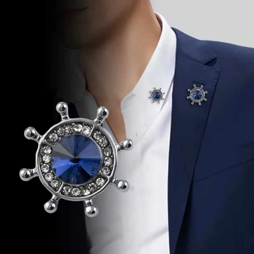 Crystal Ship Wheel Lapel Pin - Men's Accessory